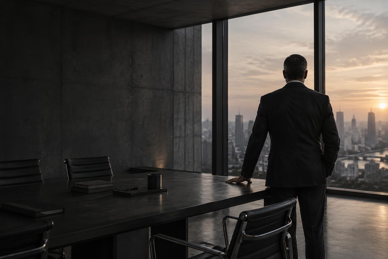 Executive facing the city from a quiet boardroom